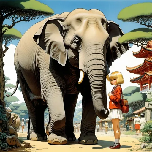 Prompt: Anne Anderson, Lawson Wood, Heath Robinson, Éric Hérenguel, katsuhiro Otomo, Surrealism Mysterious Weird Fantastic Fantasy Sci-Fi, Japanese Anime, Miniskirt Beautiful High School Girl and cute miniature Pet Elephant, perfect voluminous body, elephant is small enough to stand in the girl’s palm, detailed masterpiece 
