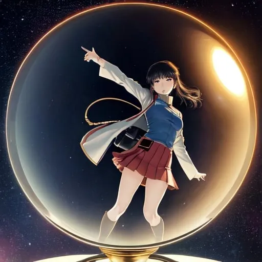 Prompt: Katsuhiro Otomo, William Stout, Surreal, mysterious, strange, fantastical, fantasy, Sci-fi, Japanese anime, universe inside a glass ball, miniskirt beautiful girl, perfect voluminous body, Astronomical Observatory, detailed masterpiece perspectives 