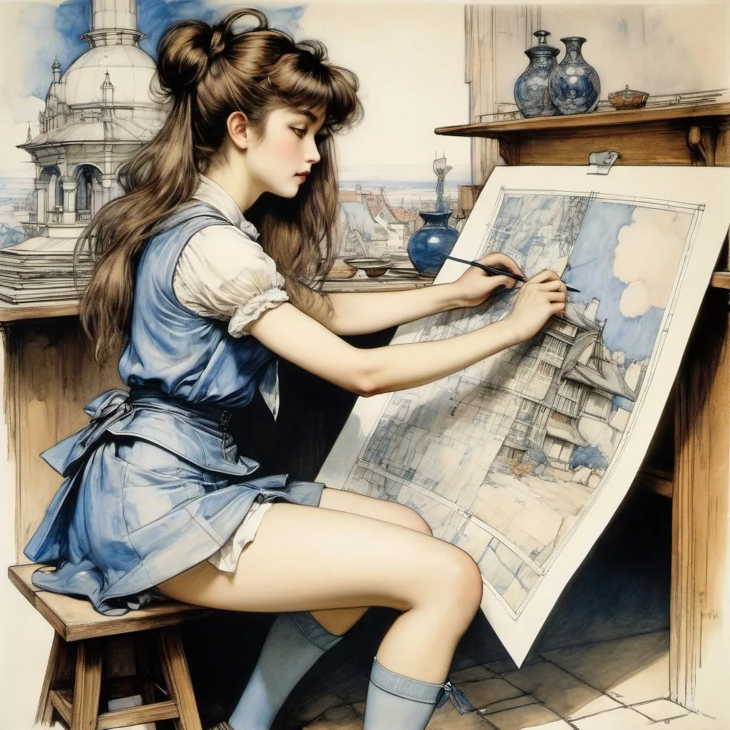 Prompt: Arthur Rackham, Henri-Jules Corneille de Groux, Surreal, mysterious, strange, fantastical, fantasy, Sci-fi, Japanese anime, architectural invention, miniskirt beautiful girl drawing blueprints, perfect voluminous body, detailed masterpiece 