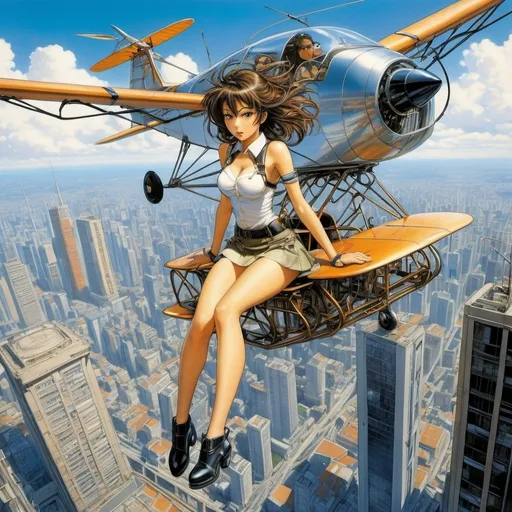 Prompt: Paolo Eleuteri Serpieri, Masamune Shirow, Surreal, mysterious, strange, fantastic, fantasy, sci-fi, anime, takeoff of a wire made human-powered plane, beyond a skyscraper, beautiful high school girl in a miniskirt, perfect voluminous body, detailed masterpiece bird’s eye views