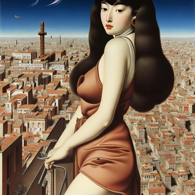 Prompt: Giorgio de Chirico, katsuhiro Otomo, Surreal, mysterious, strange, fantastical, fantasy, Sci-fi, Japanese anime, map of Europe, ruler, microscope, metaphysical painting school, miniskirt beautiful girl, perfect voluminous body, detailed masterpiece 