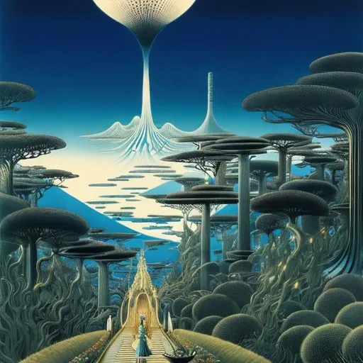Prompt: Shigeru Tamura, Kay Nielsen, Surreal, mysterious, strange, fantastical, fantasy, Sci-fi, Japanese anime, The Road to Olympus, The gate through which the comet passes, Alice, the beautiful blonde miniskirt girl, perfect voluminous body, Time running, detailed masterpiece 