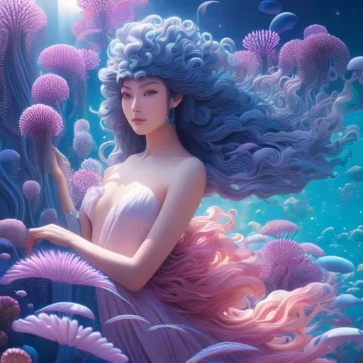 Prompt: Jean Giraud, Margaret Tarrant, Richard Doyle, Japanese Anime, Surreal Mysterious Weird Fantastic Fantasy Sci-Fi, Steam-powered Girl, Disappearance of the Moon, Swimming Sea Anemone, vibrant colors, solo beautiful perfect voluminous body girl, masterpiece, sharp focus, best quality, depth of field, cinematic lighting, detailed, high resolution high definition 