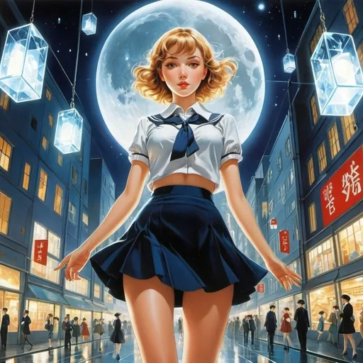 Prompt: Thomas Crane, Gabriella Giandelli, Gerda Wegener, Johan Thorn Prikker, yasunari ikeda, Surrealism, wonder, strange, bizarre, fantasy, Sci-fi, Japanese anime, night city where glass cubes fall, reflection, transmission, dispersion, refraction of crescent moonlight, miniskirt beautiful high school girl opens the glass cube, perfect voluminous body, detailed masterpiece 