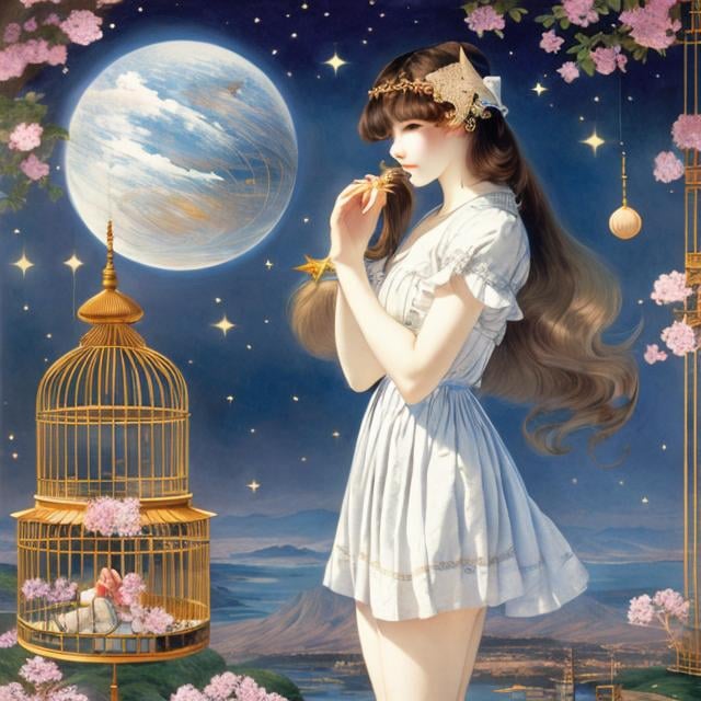 Prompt: Anne Anderson, Walter Crane, Hiroshi Masumura, Surreal, mysterious, strange, fantastical, fantasy, sci-fi, Japanese anime, a miniskirt beautiful girl who keeps a star, inside a birdcage, perfect voluminous body, fishing for a star in the night sky, detailed masterpiece 