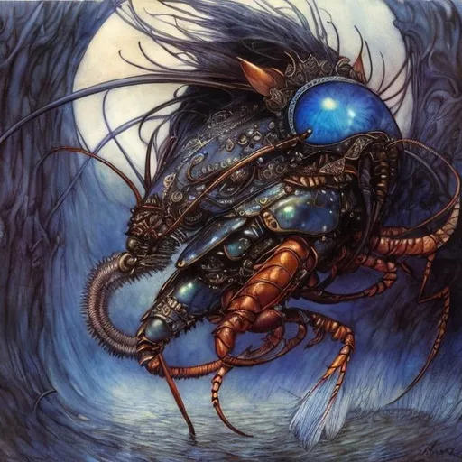 Prompt: Arthur Rackham, Kelly Freas, Surreal, mysterious, strange, fantastical, fantasy, Sci-fi, Japanese anime, blue crayfish, earth spinning top, miniskirt beautiful high school girl, perfect voluminous body, classroom, detailed masterpiece 