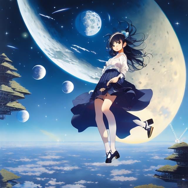 Prompt: Hajime Sorayams, Maurice Sendak, Surreal, mysterious, strange, fantastical, fantasy, Sci-fi, Japanese anime, Let's meet in the moon's orbit, Space elevator, Meteor shower, shooting down stars, Miniskirt beautiful girl, Perfect voluminous body, detailed masterpiece 