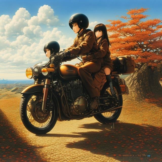 Prompt: Katsuhiro Otomo, Surreal, mysterious, strange, fantastical, fantasy, Sci-fi, Japanese anime, apple of the golden sun, signs of autumn, sister riding a motorcycle, detailed masterpiece 