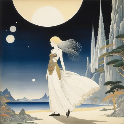 Prompt: Kay Nielsen, Helen Campbell D'Olier, John Duncan, Yuu Watase, Hiroshi Masumura, Surrealism, wonder, strange, fantastical, fantasy, Sci-fi, Japanese anime, textual exploration across Africa, exploration maps, survey drawings, miniskirt beautiful girl explorer, perfect voluminous body, collection of masks, rite of passage, detailed masterpiece 