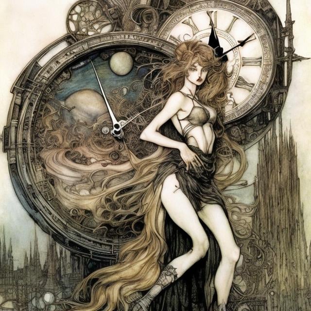 Prompt: Arthur Rackham, Marcello Dudovich, Surreal, mysterious, strange, fantastical, Japanese anime, large planetary clock, orbits of planets and moon, beautiful girl in miniskirt, perfect voluminous body, detailed masterpiece 