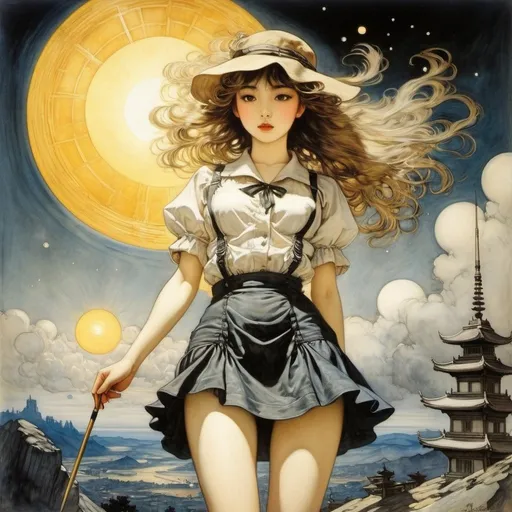 Prompt: Arthur Rackham, ARTHUR JAMESON, Harry PARKHURST, Sydney Long, Akemi Takada, Surrealism, mysterious, bizarre, fantastical, fantasy, Sci-fi, Japanese anime, miniskirt beautiful girl painter who paints the sun in the night sky, perfect voluminous body, space canvas, detailed masterpiece 