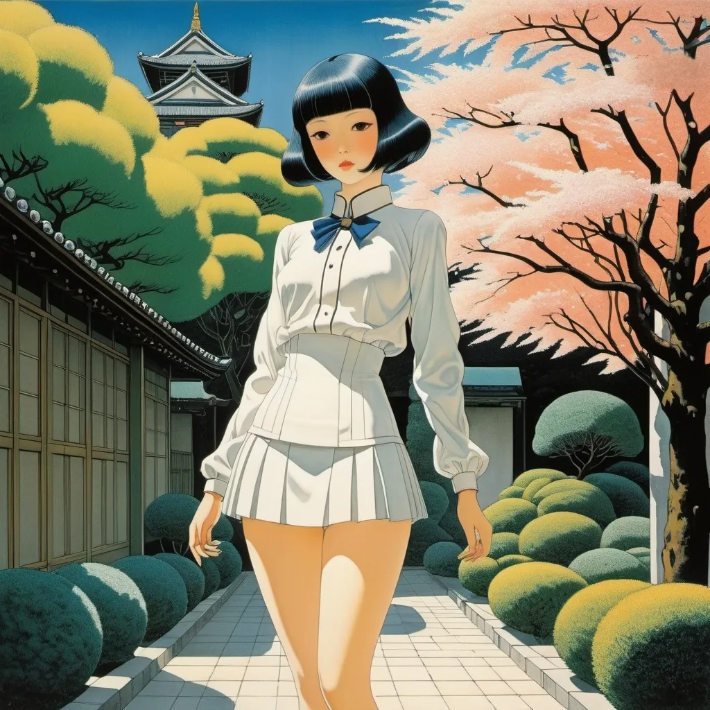 Prompt: George Barbier, Eugenio Granell, katsuhiro Otomo, Oskar Schlemmer, Pierre Brissaud, Surrealism Mysterious Weird Fantastic Fantasy Sci-fi, Japanese Anime, Painting, Garden, Architecture, Literature, Decoration, Pleasure of the Gaze, Folding Tokyo, Miniskirt Beautiful High School Girl, perfect voluminous body, detailed masterpiece 