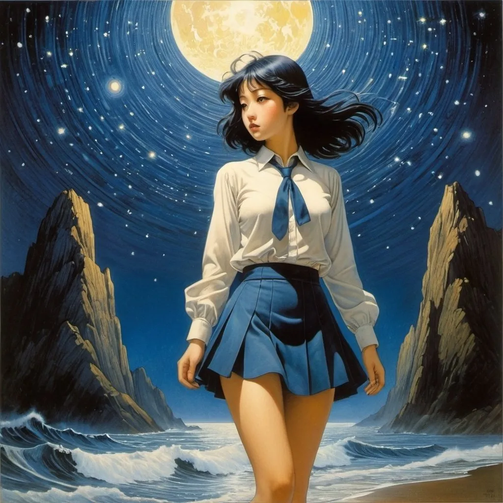 Prompt: Kenji Tsuruta, Ron Turner, George Underwood, Carlos Schwabe, Sijtje Aafjes, Surrealism, wonder, strange, bizarre, fantasy, Sci-fi, Japanese anime, The other side of the starry night, the blue rising tide, the sinking atelier, the beautiful high school girl in a miniskirt, perfect voluminous body, detailed masterpiece 