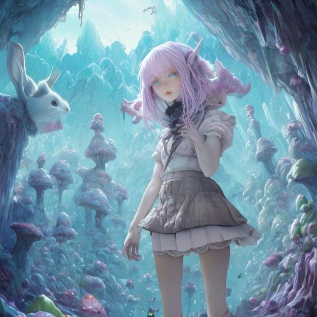 Prompt: Henriette Willebeek le Mair, Surreal, mysterious, bizarre, fantastical, fantasy, sci-fi, Japanese anime, beautiful blonde miniskirt girl Alice explores the underground kingdom of the hollow earth, accompanied by a rabbit walking on two legs in clothes, underground crystal forest, ore vein inside the cave, hyper detailed masterpiece high resolution definition quality, depth of field cinematic lighting 