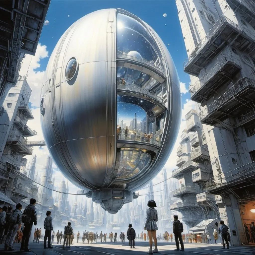 Prompt: Naoyuki Kato, Hajime Sorayama, Luis Scafati, José Luis Salinas, Cau Gomez, Surrealism, wonder, strange, bizarre, fantasy, Sci-fi, Japanese anime, futuristic city inside a shell, orbital elevator, beautiful girl in a space suit, low high angles perspectives detailed masterpiece 