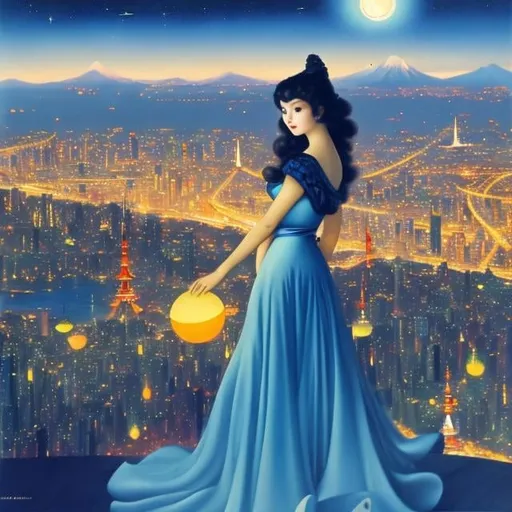 Prompt: Leonor Fini, Margaret Tarrant Japanese Anime wondrous strange Whimsical surreal Sci-fi Fantasy Girl Standing At The Top Of Tokyo Tower teens girl birdseye view Overlooking the night view of Tokyo Stars in the sky, hyperdetailed high resolution definition high quality masterpiece