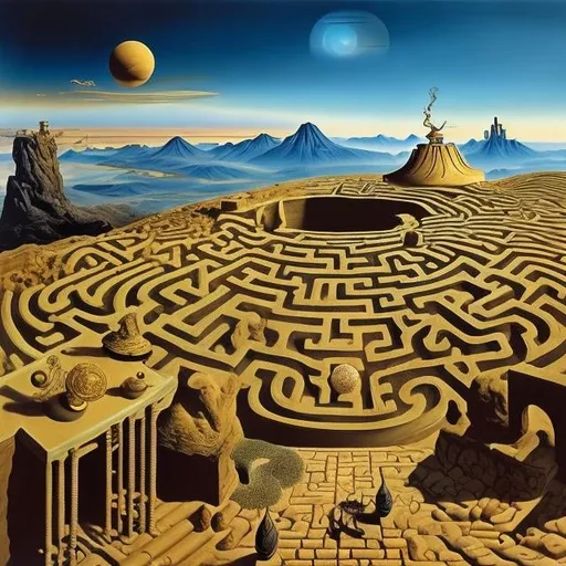 Prompt: Dali, Surreal, mysterious, strange, fantastical, fantasy, Sci-fi, Japanese anime, spherical time, human life is an illusion dreamed by others, the framework of myth, the magical power of land, the labyrinth of time, detailed masterpiece 