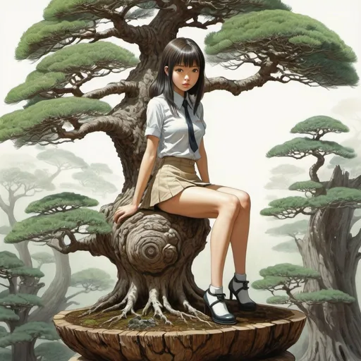 Prompt: Shigeru Tamura, Margaret Brundage, Surreal natural history, mysterious, bizarre, fantastical, fantasy, sci-fi, Japanese anime, beautiful girl in a miniskirt on a pine bonsai, perfect voluminous body, detailed masterpiece high low angles hand drawings