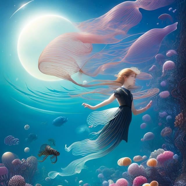 Prompt: Charles Robinson, Albert Robida, Surreal, mysterious, strange, fantastical, fantasy, Sci-fi, Japanese anime, floating creatures of the sea, jellyfish, comb jellyfish, elephant jellyfish, turtle snails, juvenile squid and octopus, shrimp and crab larvae, tarma eagles, juvenile fish, radiolarians, etc. Crescent moon, beautiful girl, walking around town, detached masterpiece in 