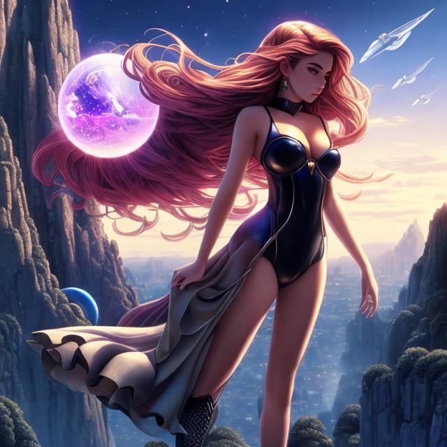 Prompt: Fernando Juarez, Michael Allen Austin, Surreal, mysterious, strange, fantastical, fantasy, Sci-fi, Japanese anime, tower of gravity, dawn, galaxy, beautiful girl, perfect voluminous body, detailed masterpiece 