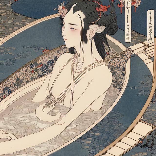 Prompt: Ukiyo-e style, Sulamith Wulfing, Charles Robinson,  Japanese anime Sci-Fi Fantasy beautiful girl Mars sinking into the bathtub of a public bath　bathhouse hyperdetailed high resolution high definition high quality masterpiece