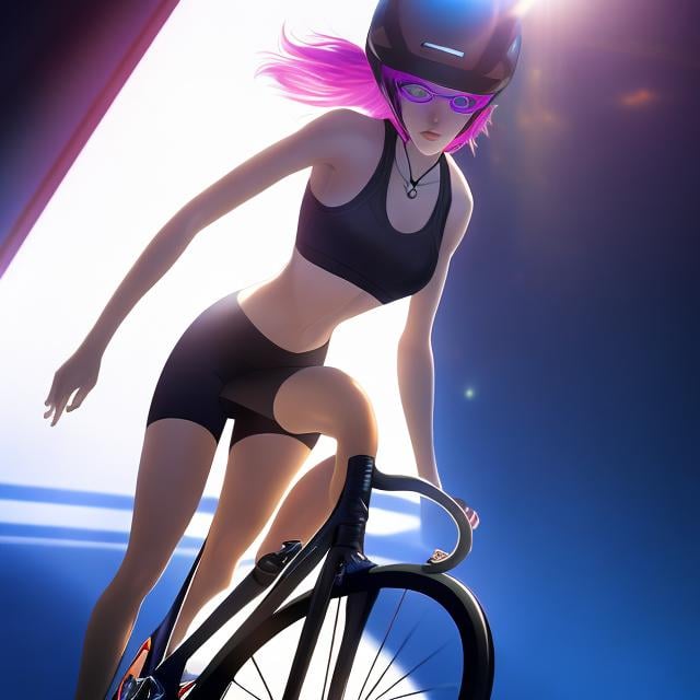 Prompt: Chip Zdarsky, Matt Fraction, Edith Rimmington, Surreal, mysterious, strange, fantastical, fantasy, Sci-fi, Japanese anime, Alice, a beautiful blonde miniskirt girl who races with bicycle racers, perfect voluminous body, long flowing hair, running at breakneck speed around the velodrome, dynamic action, sweating hard as she pedals her bike, looks like she's having fun, sweating, detailed masterpiece depth of field cinematic lighting hand drawings