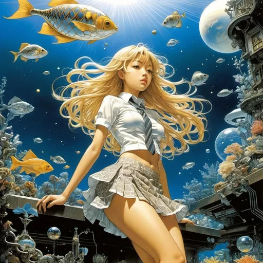 Prompt: Katsuya Terada, Naoyuki Kato, M C Escher, Alexander Reichstein, Chiho Saito, Surrealism, mysterious, bizarre, fantastical, fantasy, Sci-fi, Japanese anime, ecosystem of tools called mathematics, beautiful high school girl in a miniskirt who keeps a solar system in an aquarium, perfect voluminous body, detailed masterpiece 