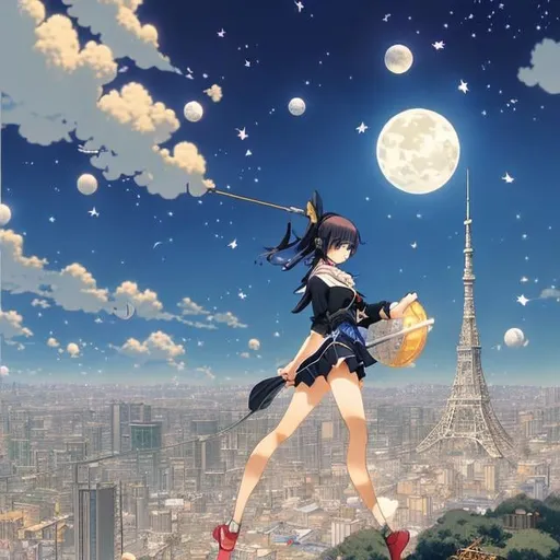 Prompt: Heath Robinson, Christian Riese Lassen Anime　wondrous　strange　Whimsical　surreal　fanciful　sci-fi fantasy night walk in the air　On electrical wires　a moon　Miniskirt schoolgirl　shooting stars　Tokyo tower hyperdetailed high definition high quality high resolution masterpiece perfect body