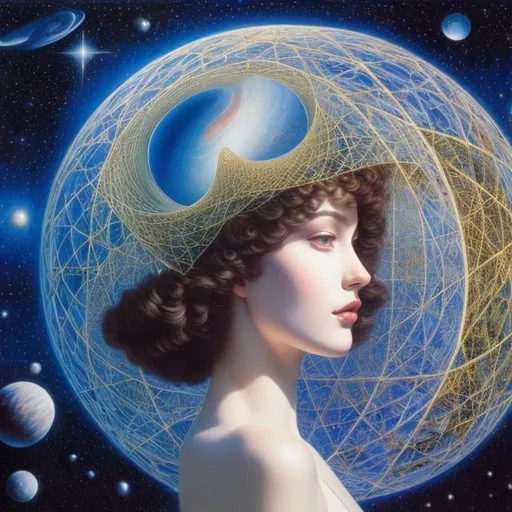 Prompt: Robert H. Hudson, David Wiesner, Surreal, mysterious, strange, fantastical, fantasy, Sci-fi, Japanese anime, I want to convey the beauty of the universe through mathematical formulas, the parallelepiped is made up of 19 spheres, applied astronomy, beautiful girl with a special talent, perfect voluminous body, detailed masterpiece drawing depth of field cinematic lighting 