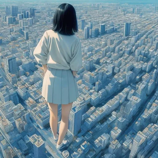 Prompt: Kenji Tsuruta, Satoshi Kon, Katsuya Terada, katsuhiro Otomo, Surreal, mysterious, strange, fantastical, fantasy, sci-fi, Japanese anime, beautiful giant miniskirt high school girl who is taller than high rise buildings wandering around the city, perfect voluminous body, bird’s eye view, hyper detailed masterpiece high resolution definition quality, depth of field cinematic lighting 