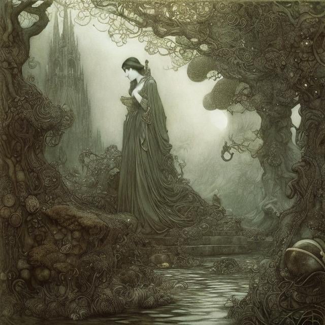 Prompt: Arthur Rackham, Joseph Michael Linsner, Surreal, mysterious, strange, fantastical, fantasy, Sci-fi, Japanese anime, lyrical cosmology, pop mannerism, Eros, solo beautiful girl, perfect voluminous body, fear, cruelty, death, paradise, mystery, modern narrative labyrinth art, detailed masterpiece 