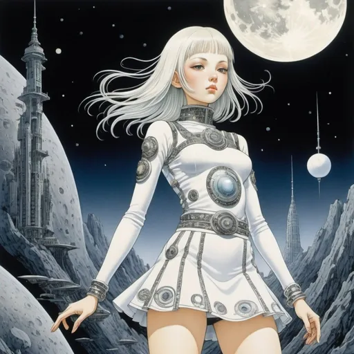 Prompt: Kay Nielsen, Khaled Ben Slimane, Gabriella Barouch, Kathi Ember, katsuhiro Otomo, Surrealism Mysterious Weird Fantastic Fantasy Sci-Fi, Japanese Anime Surface Tension, Zen and Spaceship Repair Techniques, The Moon Comes to You, Miniskirt Beautiful High School Girl, perfect voluminous body, detailed masterpiece 