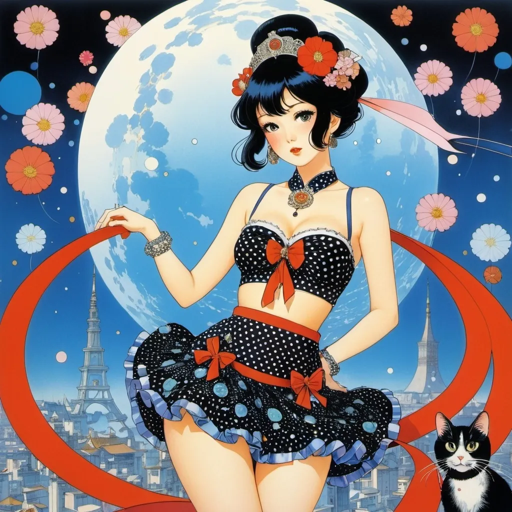 Prompt: Katsuhiro Otomo, Mitsumasa Anno, Fujishima Takeji, George Barbier, George Him, Surrealism Mysterious Weird Fantastic Fantasy Sci-fi, Japanese Anime, Ribbon, Polka Dots, Cat, Flower, Mini Skirt Beautiful Princess, perfect voluminous body, Jewelry Box, Pataphysic, detailed masterpiece