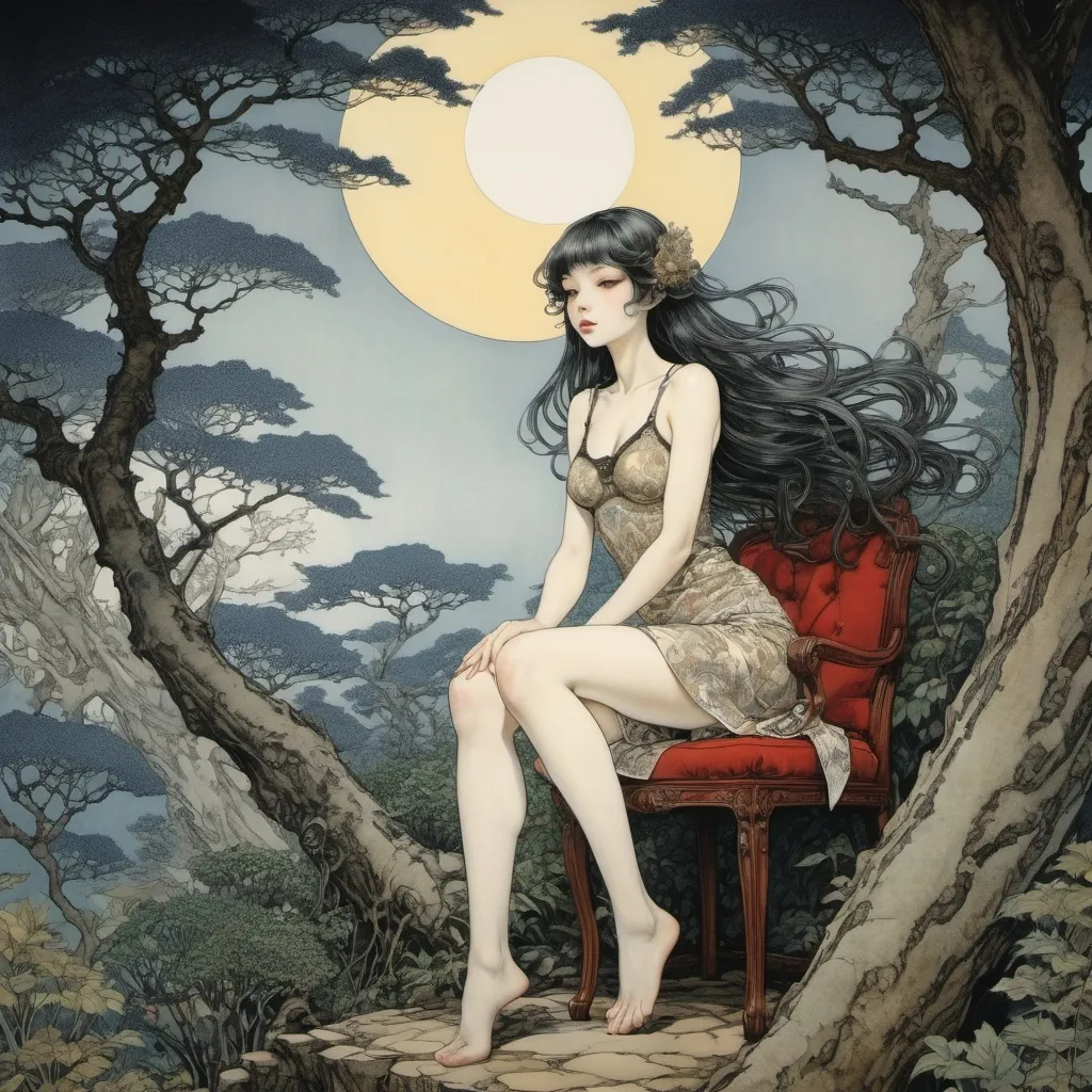 Prompt: Arthur Rackham, Takato Yamamoto, Takeshi Koike, Aladár Körösfői-Kriesch, Hannes Bok, Surrealism, wonder, strange, fantastical, fantasy, Sci-fi, Japanese anime, Leviathan in the Miniature Garden, World Tree Chair, Miniskirt Beautiful Girl Cultivating the Sun, perfect voluminous body, From the Window in the Sky, detailed masterpiece low high angles perspectives 