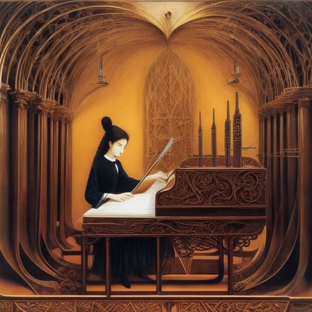 Prompt: Remedios Varo, Surreal, mysterious, strange, fantastic, fantasy, Sci-fi, Japanese anime, science of musical instruments, structure and mechanism that creates beautiful tones, music is the science of musical notation, acoustic science of concert halls, girl playing the violin, piano, wind instruments, universe of music, universal music, harmony and disharmony, detailed masterpiece