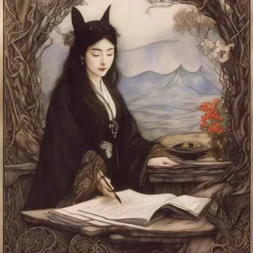 Prompt: Arthur Rackham, Mabel attwell, Leonora Carrington, Surreal, mysterious, strange, fantastical, fantasy, Sci-fi, Japanese anime, human history, minerals, manga, SM, clothing, local industry, traditional crafts, beautiful girl Onmyoji, adjusting the fortunes and misfortunes of time and space (azimuth), fortune-telling, rituals, spells. By being involved in this work, we have brought peace of mind to people and provided guidelines for the future, from the survival of the nation to the lives of individuals such as childbirth and illness. He was deeply involved in the creation and distribution of calendars for each period, detailed masterpiece 