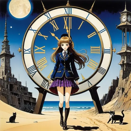 Prompt: Harry Clarke, Monika Hanulak, Rieko Nakagawa, Olga Rozanova, August Endell, Surrealism, wonder, strange, bizarre, fantasy, Sci-fi, Japanese anime, a giant clock half-buried in the sand, the ruins of a time relay station, a beautiful high school girl in a miniskirt who travels with a cat, perfect voluminous body, detailed masterpiece 