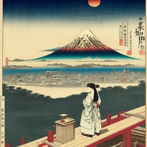 Prompt: Hiroshige, Gertrude Abercrombie, Multicolored woodblock print, surreal, mysterious, bizarre, fantastical, anime, Library of Babel under construction, heavy construction equipment, beautiful high school girl in miniskirt, perfect voluminous body, detailed masterpiece 