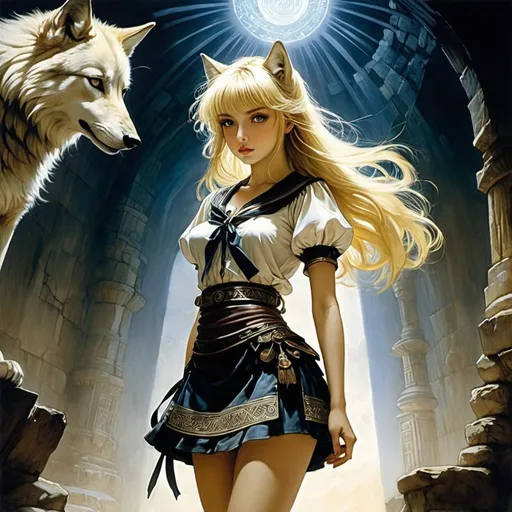 Prompt: Virginio Livraghi, Ul de Rico, Arthur Rackham, Surreal, mysterious, strange, fantastical, fantasy, Sci-fi, Japanese anime, Alice is a wolf, a beautiful blonde miniskirt girl standing in the twilight, perfect voluminous body, Ancient Egypt, China, magnetism and magnets, heavenly and underground worlds, light and shadow, codes, detailed masterpiece 