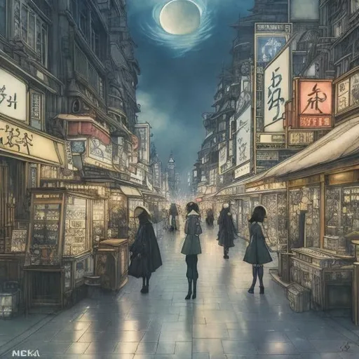 Prompt: Maurice Sendak, Arthur Rackham, Heikala, anime, Ukiyo-e style, surreal, mysterious, strange, fantastic, fantasy, Sci-fi fantasy, anime, Shibuya scramble intersection, miniskirt high school girl, perfect body, Slinky, ammonite, rainbow machine, seashell, cloud, feathers dancing in the air, detailed masterpiece 