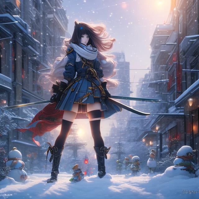 Prompt: Masamune Shirow, Katsuya Terada, Terese Nielsen, Surreal, mysterious, strange, fantastical, fantasy, Sci-fi, Japanese anime, snowy day, group of snowmen attacking the city, miniskirt beautiful high school girl combatant fighting the snowmen, hyper detailed masterpiece high resolution definition quality, depth of field cinematic lighting 