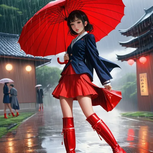 Prompt: Louis Lozowick, Keith Parkinson, Surreal, mysterious, strange, fantastical, fantasy, sci-fi, Japanese anime, rain of memories falls, a beautiful girl in a miniskirt with red rain boots and an umbrella, perfect voluminous body, detailed masterpiece 