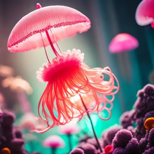 Prompt: Rinat Baibekov, Monkey Punch, Surreal, mysterious, strange, fantastical, fantasy, Sci-fi, Japanese anime, paper aquarium, wind chime jellyfish, Penrose miniskirt beautiful girl, King of Wings, hyper detailed masterpiece depth of field cinematic lighting 