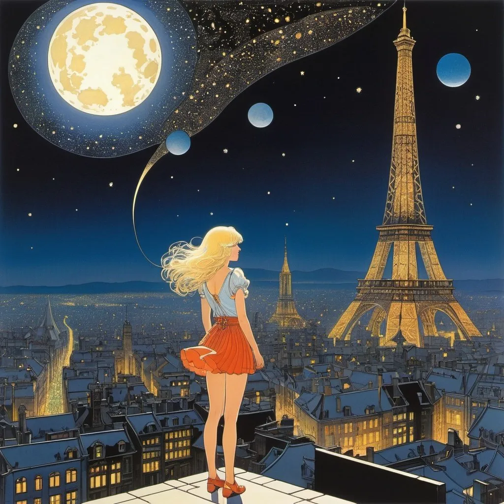 Prompt: Victoria Turnbull, George Barbier, Jean Giraud, Surreal, mysterious, bizarre, fantastical, fantasy, Sci-fi, Japanese anime, morning glory parachute on a moonlit night, beautiful blonde miniskirt girl Alice, perfect voluminous body, galaxy, dark sun, night view of a city in the distance, detailed masterpiece 