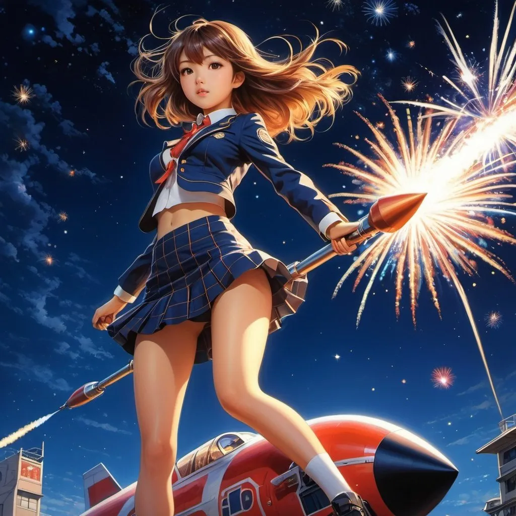 Prompt: Naoyuki Kato, Peter Andrew Jones, Surreal, mysterious, bizarre, fantastical, fantasy, sci-fi, Japanese anime, miniskirt beautiful high school girl riding rocket fireworks, perfect voluminous body, aiming for the starry sky, detailed masterpiece low high angles 