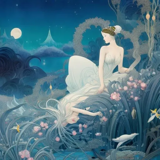 Prompt: Kay Nielsen, James Jean, Japanese Anime, Mysterious Strange Fantastic Sci-Fi Fantasy Narcissus Blooming on a Moonlit Night, Lake, Fairy Girl, unearthly beauty, perfect body, Moonlight Bathing, hyperdetailed high resolution high definition high quality masterpiece