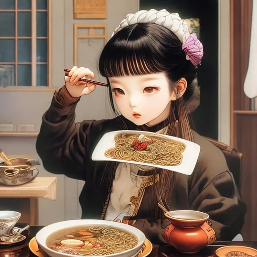 Prompt: katsuhiro Otomo, A E  Marty, Kate Greenaway, Frank Pape, Japanese Anime, surreal, mysterious, bizarre, fantastical, fantasy, sci-fi, ramen 食べ比べ, which is delicious, pork bone or soy sauce? Girl Alice eating Ramen noodles with one pair of chopsticks in hand, Alice wearing skintight white space suit, beautiful perfect voluminous body, smiling happily, hyper detailed, high resolution high definition high quality masterpiece, face detailed, hands detailed