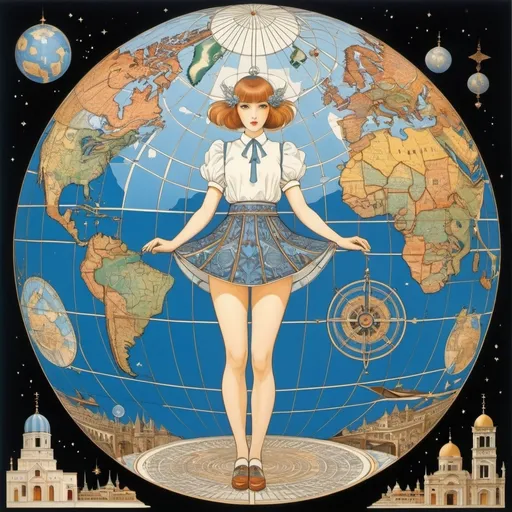 Prompt: M C Escher, George Barbier, Paweł Kuczyński, André Hellé, Eiki EIKI, Surrealism Mysterious Weird Fantastic Fantasy Sci-Fi, Japanese Anime, Earth Ellipsoid and Map Projection, Holy Land of Surveying, Trigonometric Leveling, Miniskirt Beautiful High School Girl, perfect voluminous body, detailed masterpiece 