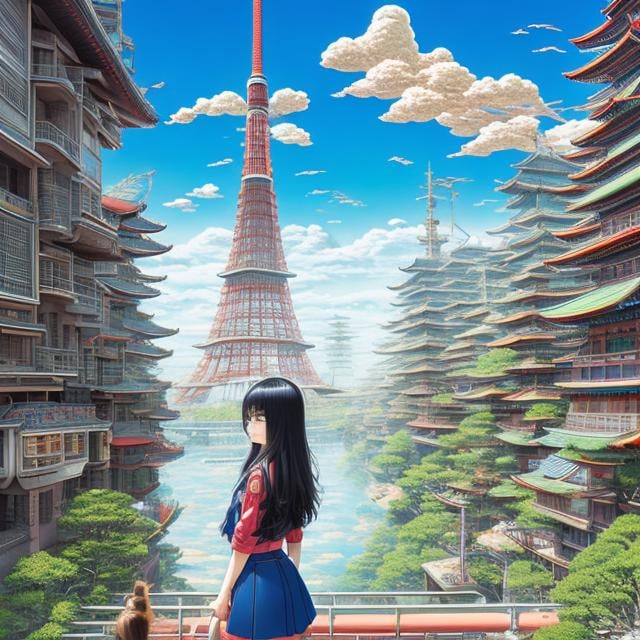 Prompt:  katsuhiro Otomo, Jean Giraud, surreal, mysterious, bizarre, fantastical, fantasy, sci-fi, fantasy, anime, battlefield of Tokyo, ruins, crumbling Tokyo Tower in the background, a few clouds in the blue sky, a door standing out, a beautiful miniskirt high school girl standing in front of the door, Japanese anime, detailed masterpiece depth of field, cinematic lighting 