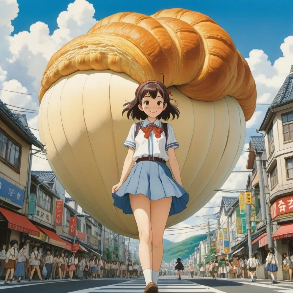 Prompt: Maurice Sendak, Koyoharu Gotouge, Surreal, mysterious, strange, fantastical, fantasy, Sci-fi, Japanese anime, giant croissant mountain, city intersection, miniskirt beautiful high school girl looking happily, detailed masterpiece 